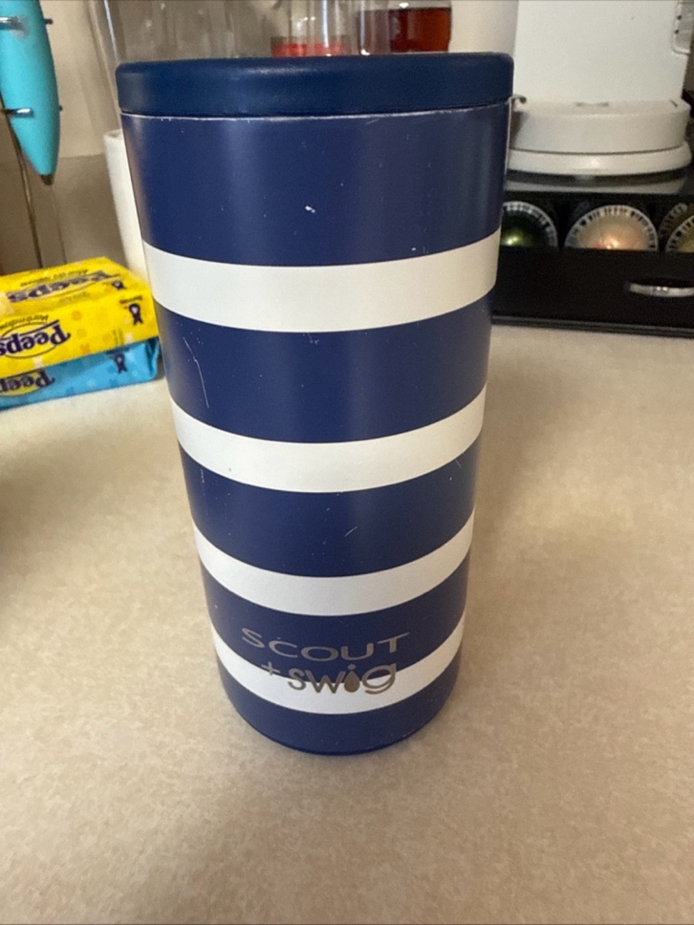 Scout Blue and White Striped Insulated Travel Koozie